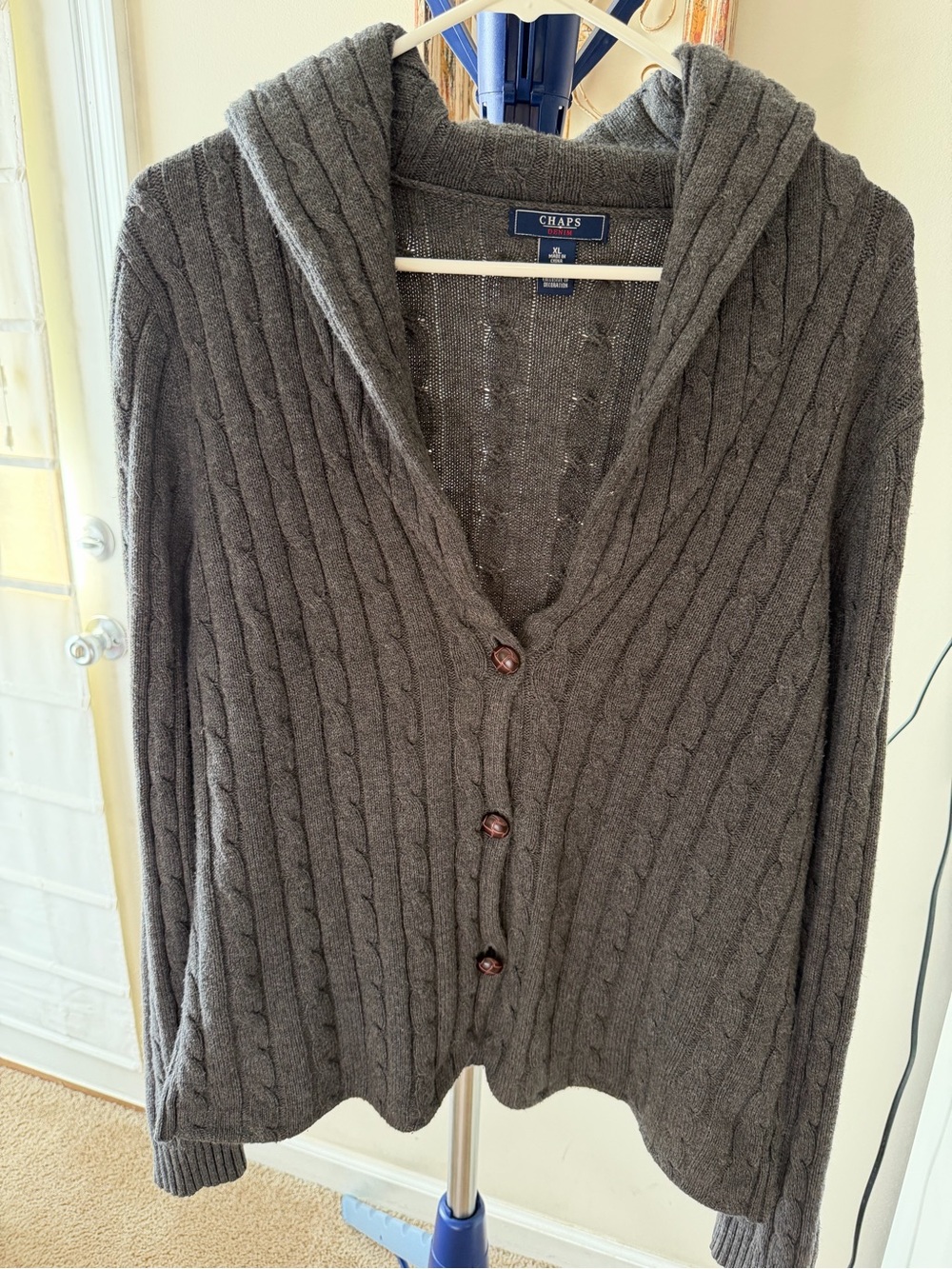 Ralph Lauren Gray Hooded Cable-Knit Cardigan With Brown Suede Elbow Patch